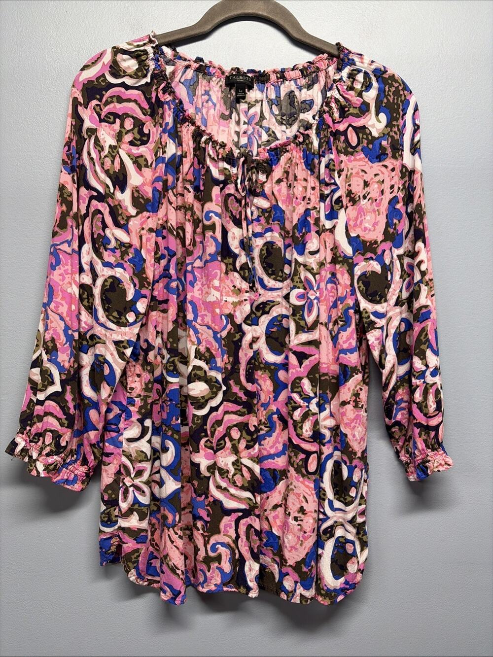 Talbots Coral Reef Paisley Tie Neck Top Women’s LP Pink/Blue -3/4 Sleeve Popover